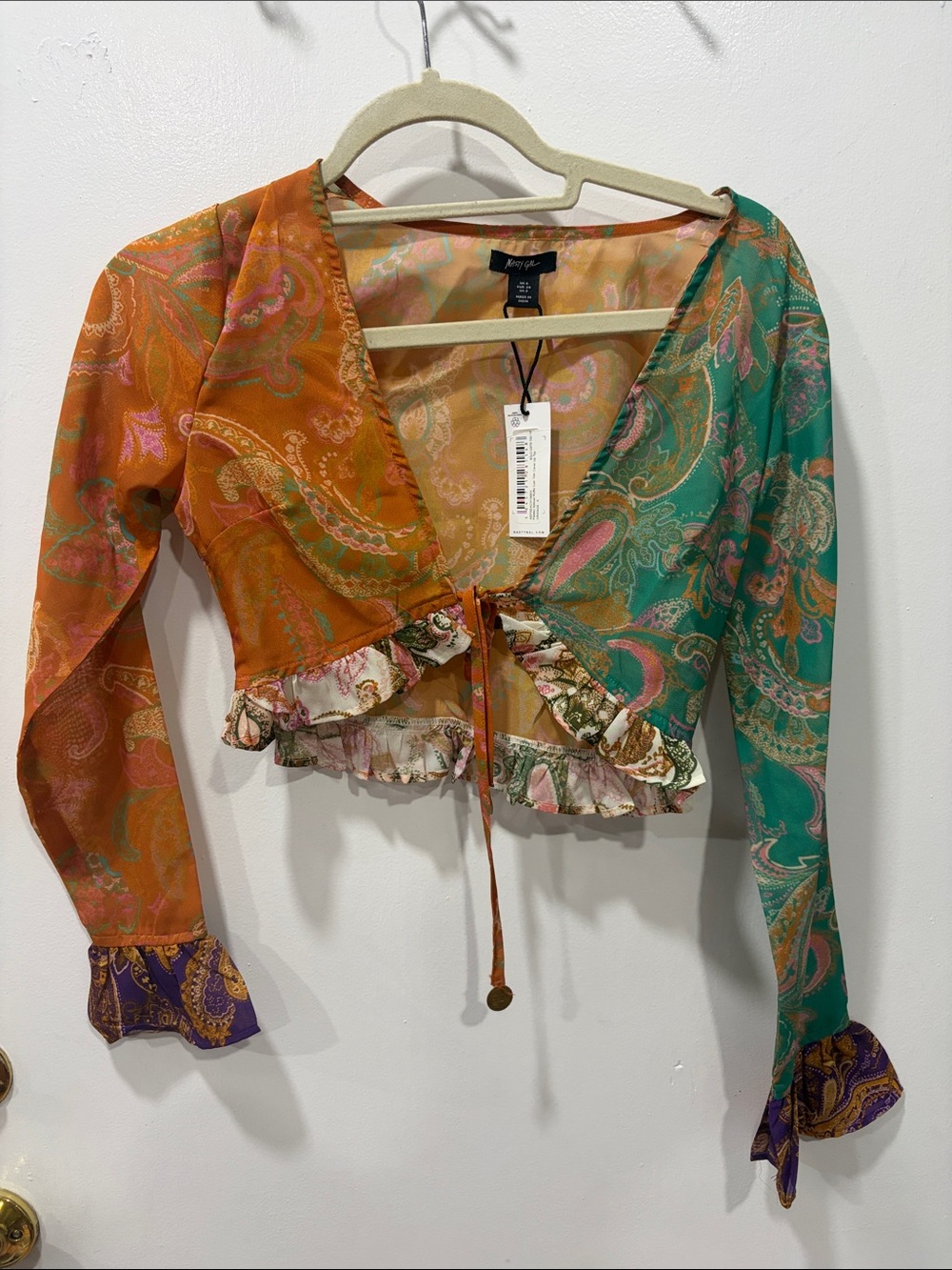 Nasty Gal Orange & Teal Paisley Tie-Front Ruffle Crop Blouse